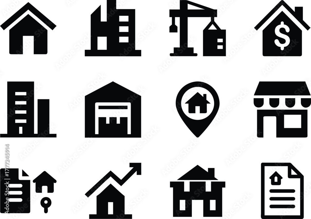 Fototapeta premium Modern real estate property icon set in bold line style, perfect for housing and business use.