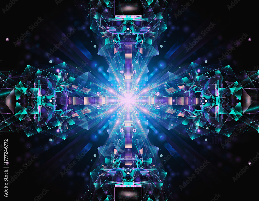 Obraz premium Time Crystal Quantum Technology Concept - Neon Symmetry & Futuristic Energy Visualization