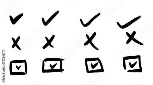 Check tick mark icon set. Cross box x check mark checkbox v list vector draw hand drawn sketch doodle brush marker checklist symbol wrong right circle.