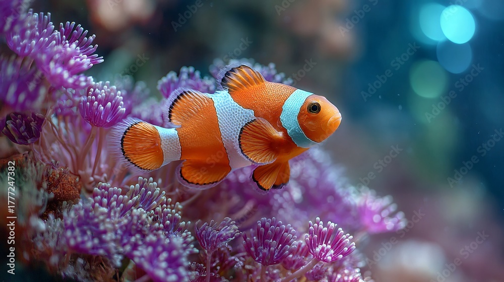 Fototapeta premium Vibrant Clownfish Swimming Among Colorful Coral Reef in Ocean