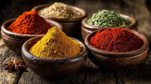 A collection of colorful vibrant spices in wooden bowls