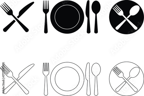 Black and white icons of cutlery and plate fork knife