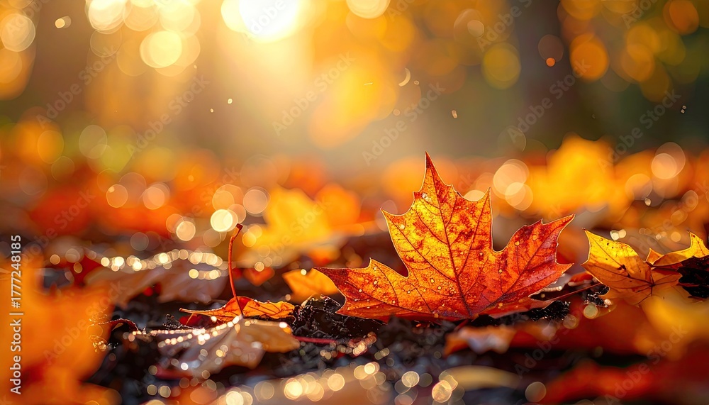Fototapeta premium Golden Autumn Maple Leaf Sunlight Bokeh Forest Floor Wet Ground Detailed Texture Warm Orange and Yellow Colors