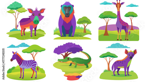 Set of funny cartoon vector animal illustrations in the garden with baby lion, elephant, cat, bird, and chicken