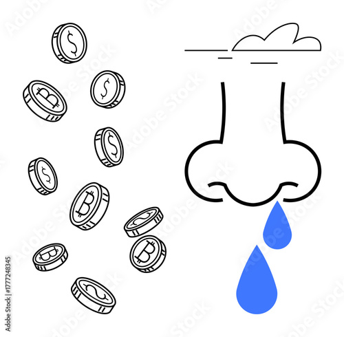 Nose dripping blue tears paired with falling coins marked with currency symbols. Ideal for concepts of money loss, financial stress, emotional reaction, economic hardship, overspending, wealth