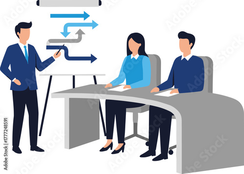 Business team presentation with flip chart, corporate meeting, strategy planning, teamwork discussion, office collaboration, professional communication, workplace leadership, evaluation illustration