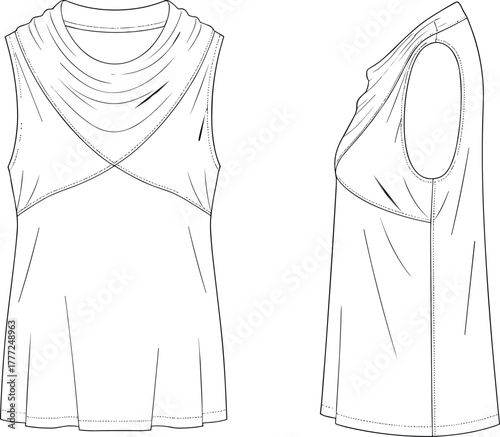 Cad drawing flat vector illustration, sleeveless women’s top, cowl neckline, fashion technical sketch, apparel design, garment construction, clothing pattern detail