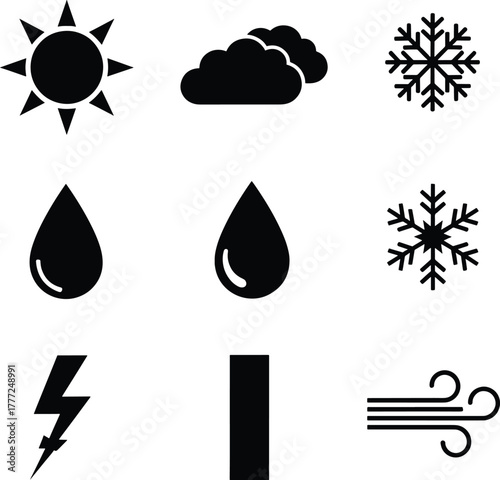 Black weather icons sun clouds snowflake water drop lightning wind sun icon cloud icon