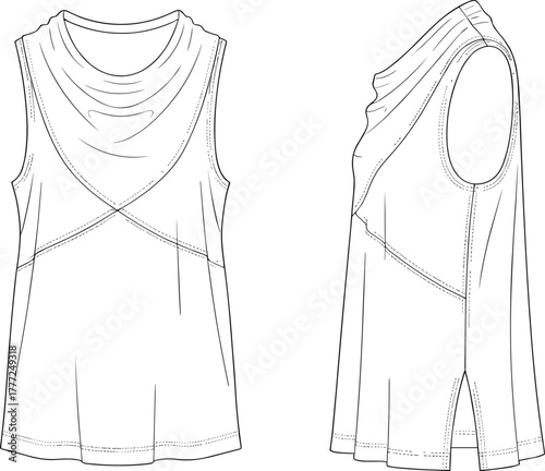 Cad drawing flat vector illustration, sleeveless women’s top, cowl neckline, fashion technical sketch, apparel design, garment construction detail