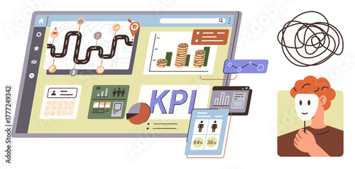 Digital dashboard displaying KPI metrics, financial growth charts, and analytics tools. Masked individual hints at duality and complexity. Ideal for business, analytics, strategy, growth