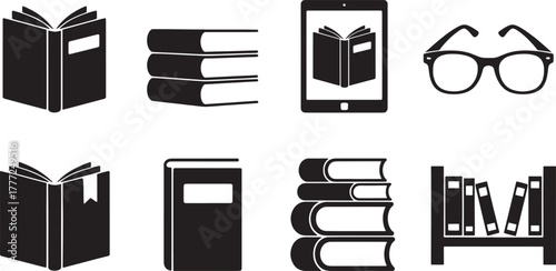 Collection of black and white icons representing books and reading accessories open book closed book