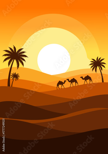 A serene desert landscape illustration showing a camel caravan crossing sandy dunes with palm trees under a vibrant orange sunset