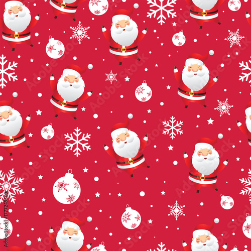 Cute Santa Claus Seamless Pattern with Snowflakes on Red Background for Christmas Design