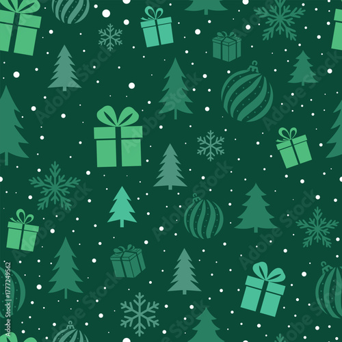 Green Christmas Pattern with Trees, Gifts and Snowflakes