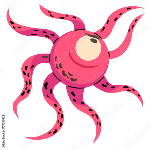 Cartoon vector illustration of a pink prehistoric octopus angry character isolated on transparent background. Clip art for marine fantasy art, games, mascot design and underwater adventure themes