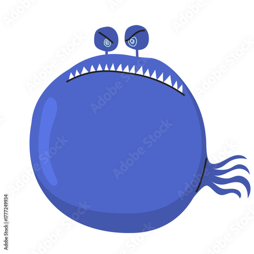 Cartoon vector illustration of a blue prehistoric angry fish character isolated on transparent background. Clip art for video games, aquatic fantasy stories, children’s books and mascot character desi