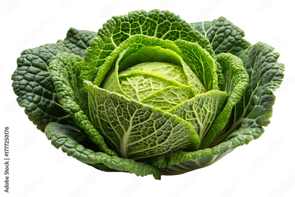 Obraz premium Fresh Savoy Cabbage PNG | Whole Crinkly Cabbage Isolated on Black Background