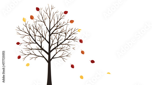 A minimalist illustration of a bare tree with colorful autumn leaves falling in the wind against a white background.