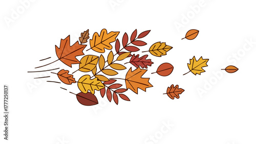 A colorful cluster of autumn leaves, including maple and oak, being blown by the wind in a simple vector illustration.