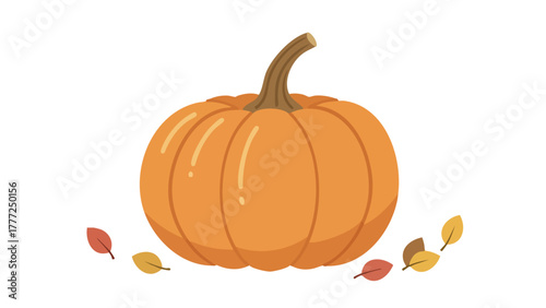A vibrant illustration of a round orange pumpkin with a stem, surrounded by colorful autumn leaves.