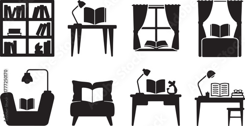 Collection of eight black silhouette icons depicting reading environments and objects book bookshelf