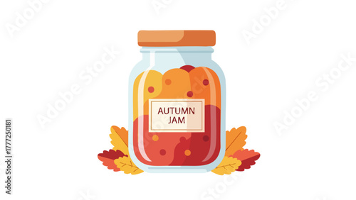 Illustration of a jar of autumn jam with leaves around it.