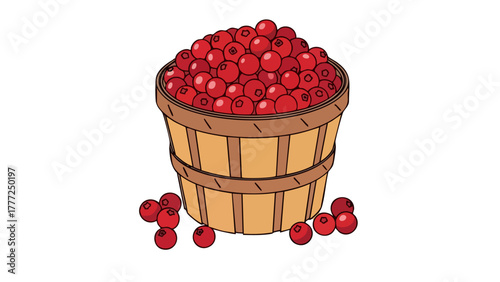 A wooden bushel basket overflowing with vibrant red cranberries, with some berries scattered around its base.