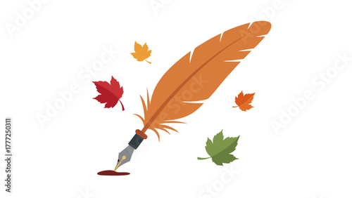An orange quill pen writing with red ink, surrounded by colorful falling autumn leaves on a white background.