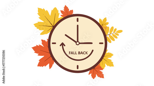 Clock with 'Fall Back' text and autumn leaves indicating the end of daylight saving time.