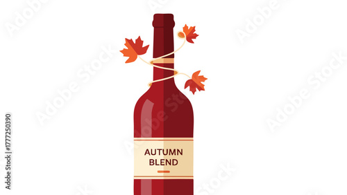 A vector illustration of a red wine bottle with an 'Autumn Blend' label, decorated with fall maple leaves and twine.