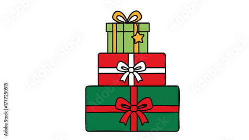 Three stacked gift boxes, each wrapped with a different color and ribbon, ready for giving.