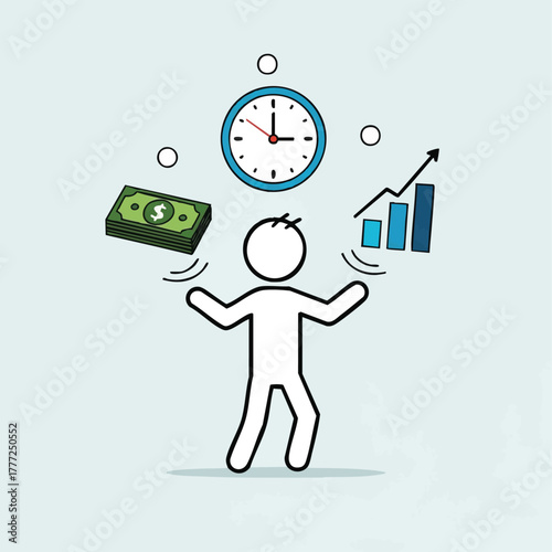 This conceptual illustration depicts an individual balancing time, money, and business growth, emphasizing efficient management and strategic productivity for success.
