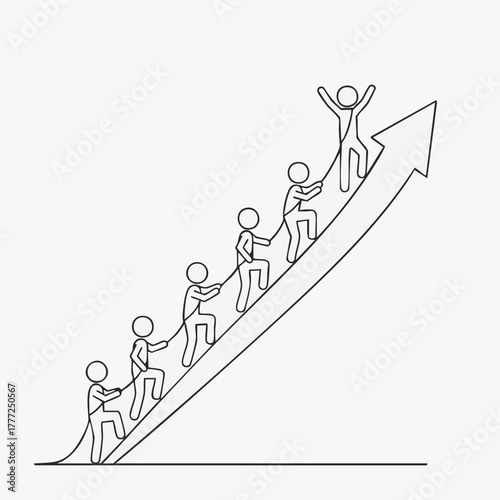 A minimalist line art illustration depicts stick figures collaboratively ascending an upward arrow, symbolizing teamwork, shared progress, and ultimate success.