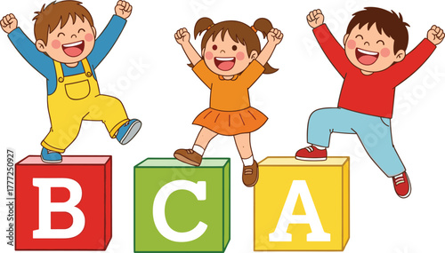 Cartoon children with alphabet blocks, playful kids learning ABC, colorful education vector, school classroom design, fun study concept illustration art