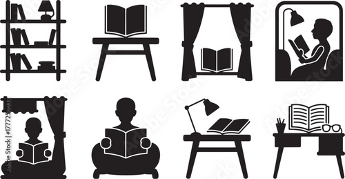 Eight black silhouette icons depicting diverse reading environments and activities book bookshelf