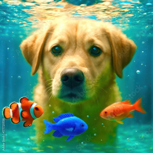 A dog is in a fish tank with a blue fish and an orange fish