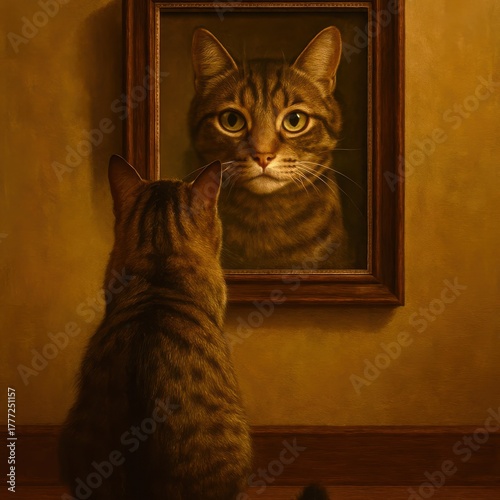 A cat is looking at its reflection in a mirror