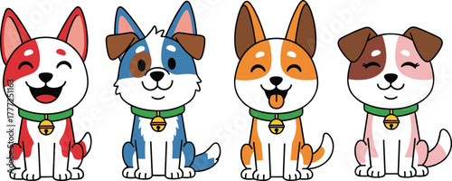 Cartoon dogs sitting row, colorful pet characters, cute puppy illustration, playful mascot design, children content, friendly animals, expressive faces, fun artwork