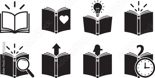 Set of eight black open book icons with various symbols and concepts reading learning