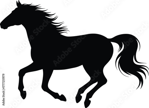 Black silhouette of a galloping horse with flowing mane and tail