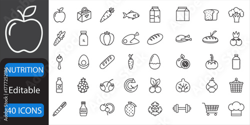 Nutrition line icon set. Apple, Carrot, Water Bottle, Vitamin, Scale, Salad Bowl, Protein Shake, Grain, Fish, Broccoli, and more. Vector illustration.