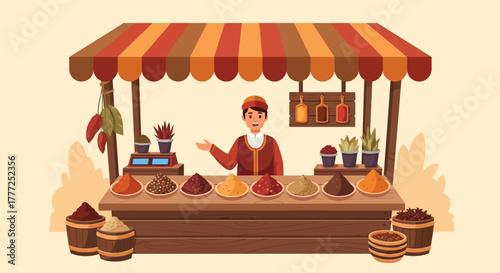 Spice market stand with merchant offering colorful powders and ingredients under a striped awning
