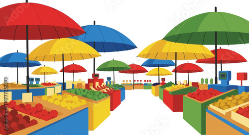 Vivid market scene with colorful stalls umbrellas fruits and vegetables under bright umbrellas