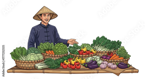 A farmer presents his harvest of vegetables on a bamboo table at a market