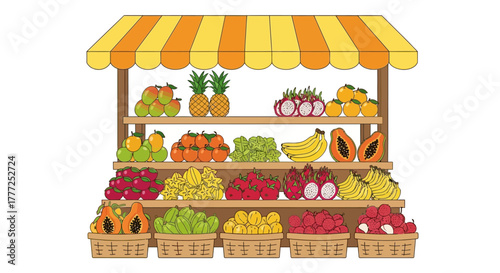 A fruit stand is stocked with various fruits