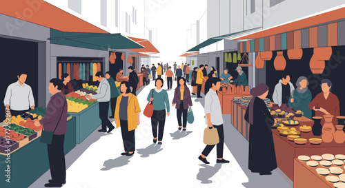 Busy marketplace street scene with stalls shoppers and various goods on display