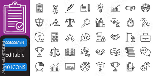 Assesment outline icon set. Checklist, Test, Grade, Score, Rubric, Survey, Graph, Target, Magnifying Glass, Report Card, and more. Editable stroke. Vector illustration.