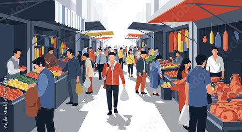A bustling marketplace is depicted teeming with people browsing through stalls under awnings
