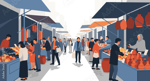 A bustling market scene featuring vendors shoppers stalls and goods for sale conveying a lively atmosphere