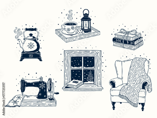 Hand-drawn monochrome vintage cozy winter vector illustrations: teapot, cup of tea, lantern, books, window with snow, armchair with blanket, sewing machine. Perfect for Christmas and winter designs